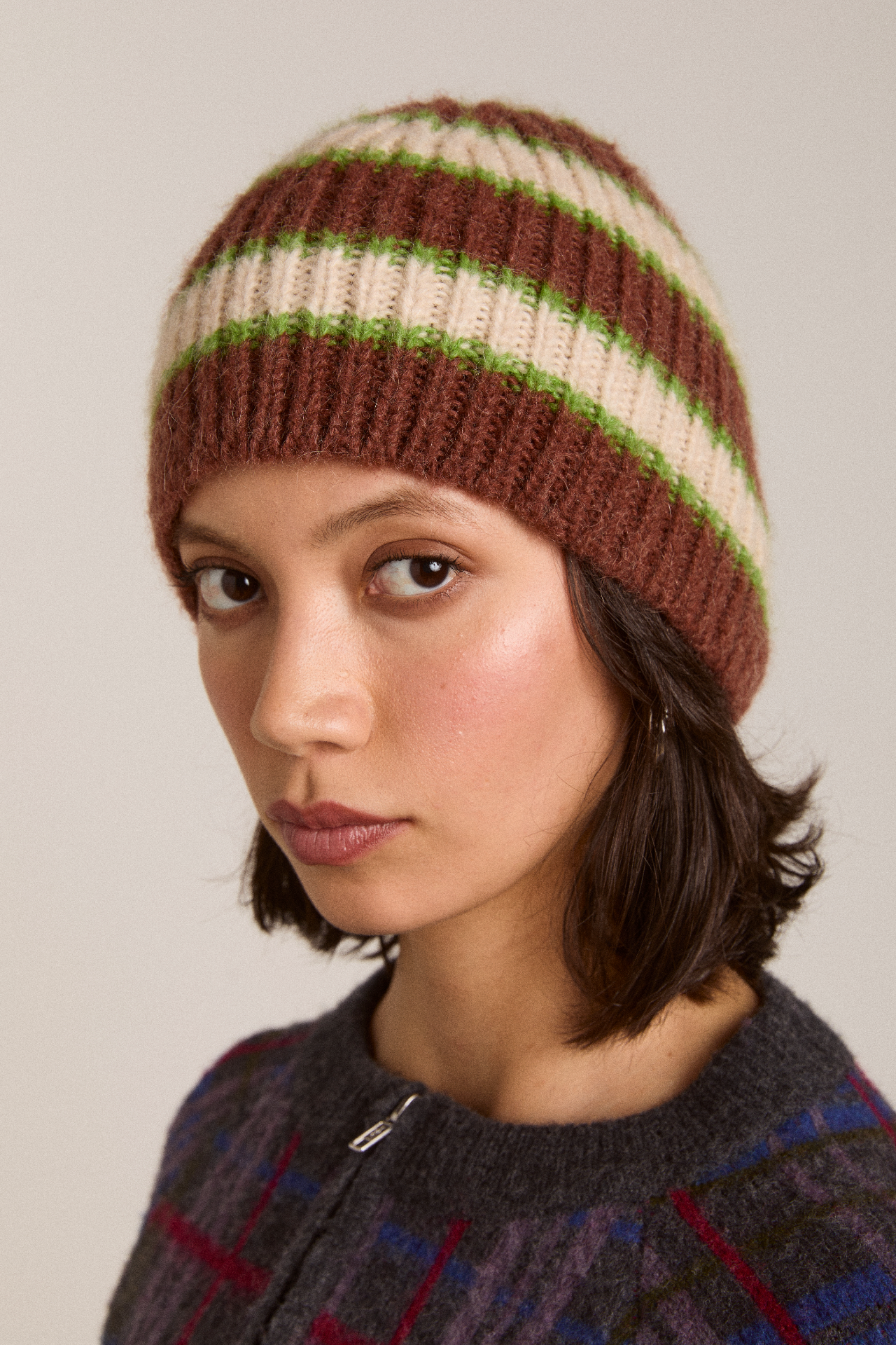 stripe beanie - oat/burg/lime – Damson Madder