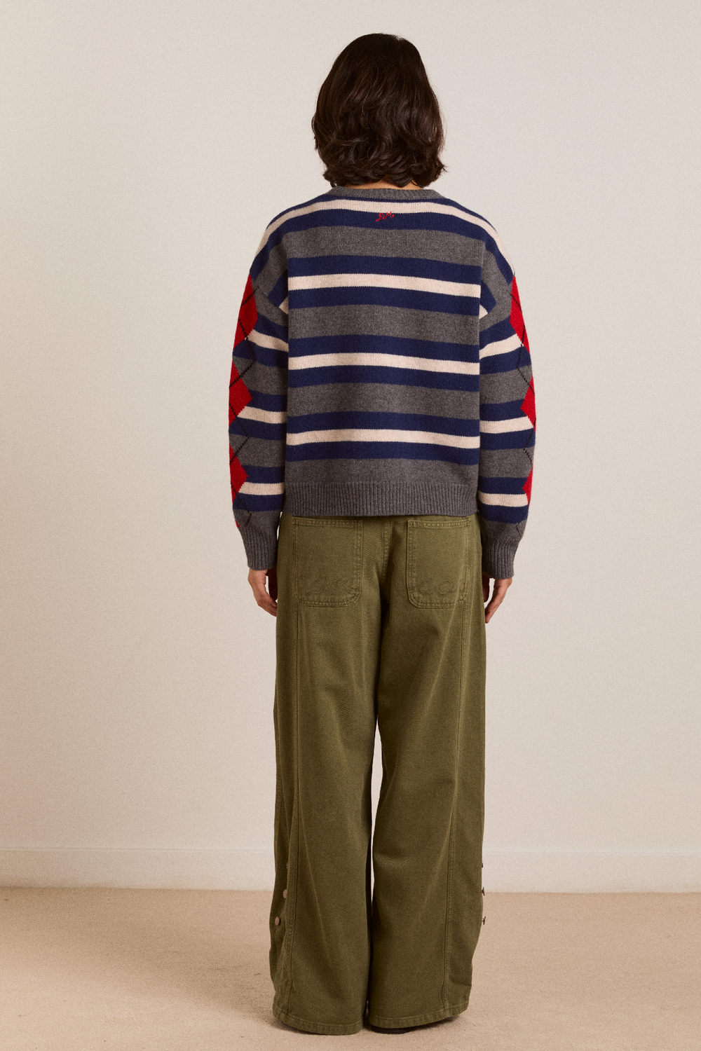 didi merino wool double cardigan - navy argyle & stripe