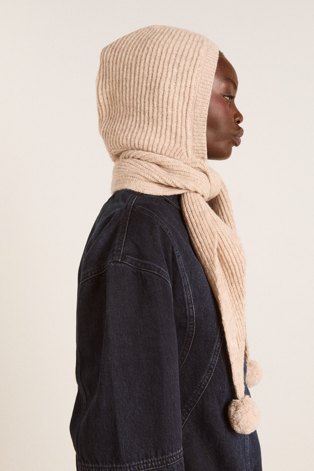 tie front hood with pom pom detail - oatmeal