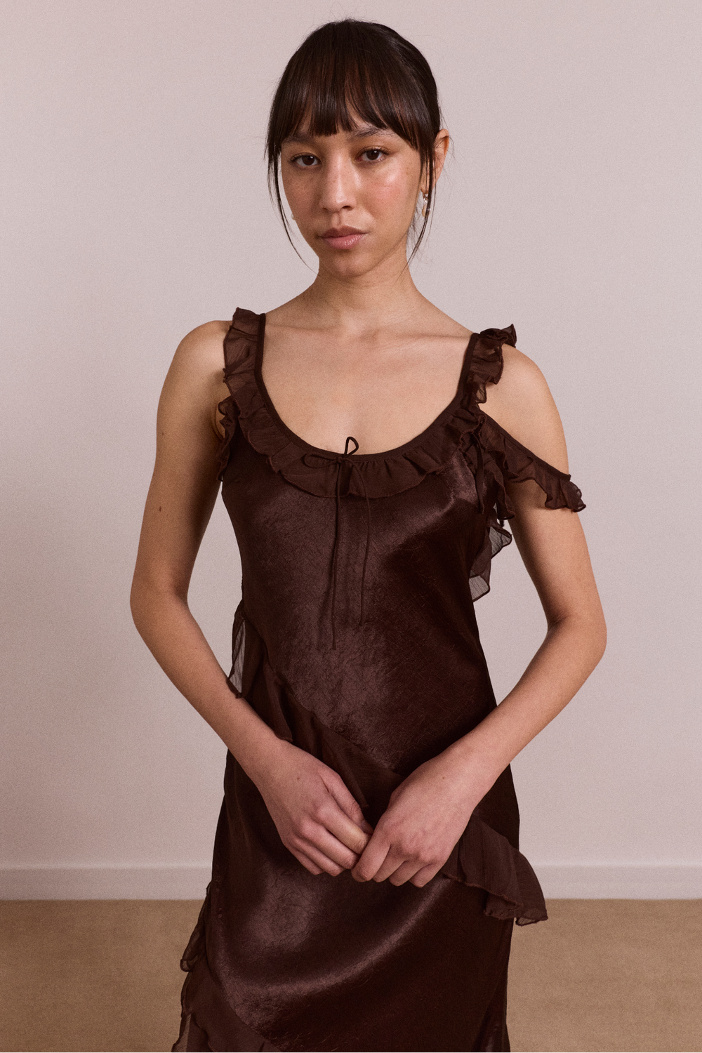 pre-order carmen midi ruffle dress with sheer top - choc