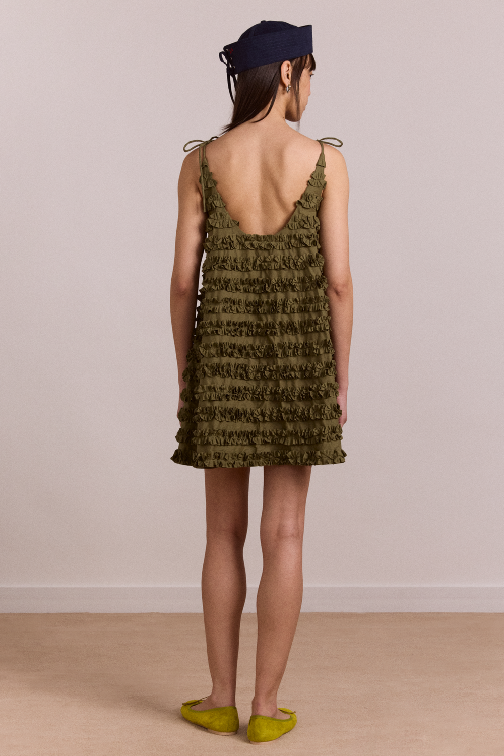 Leili Ruffle Mini Dress- Olive – Damson Madder Leili Ruffle Mini Dress- Olive – Damson Madder