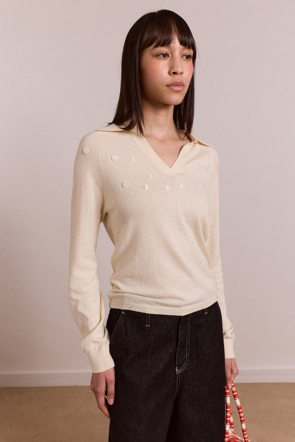silvia cotton merino blend button knitted top - cream