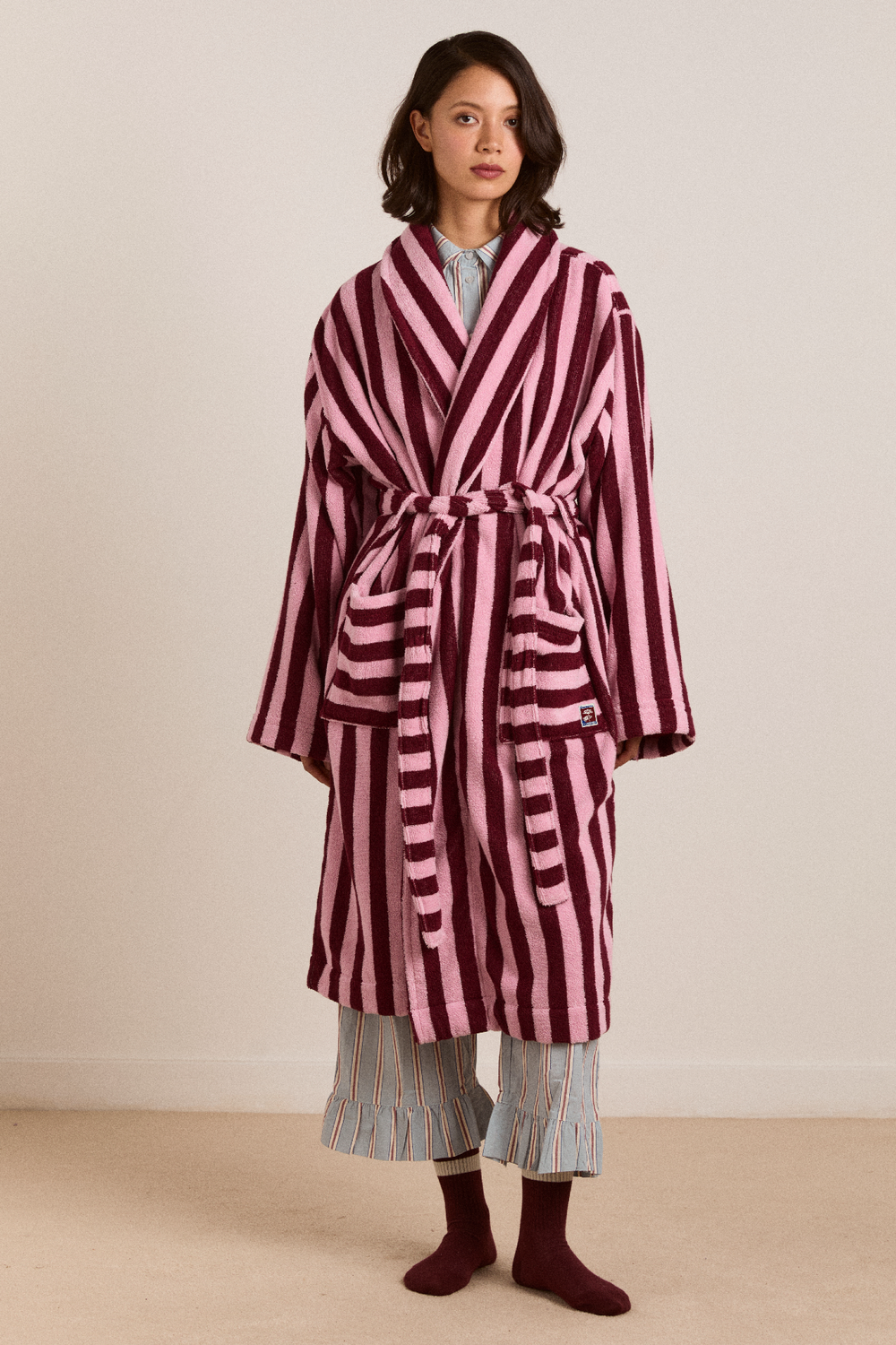 towelling robe - burgundy stripe