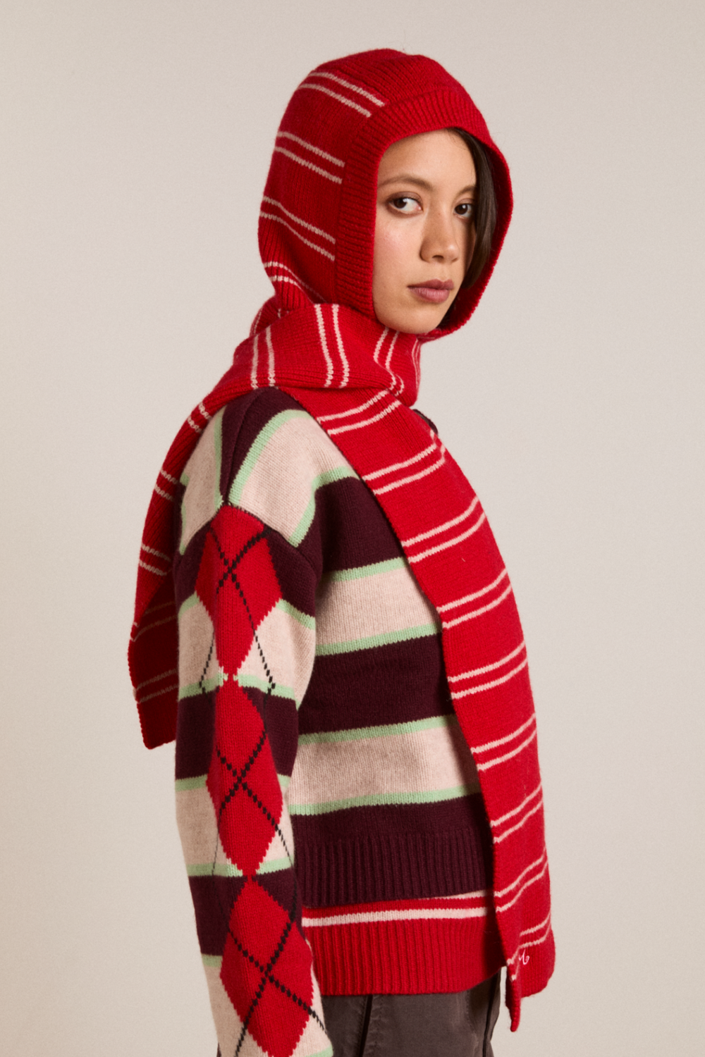 hooded scarf - red & oatmeal stripe