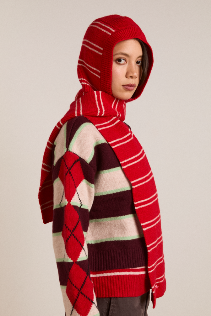 hooded scarf - red & oatmeal stripe