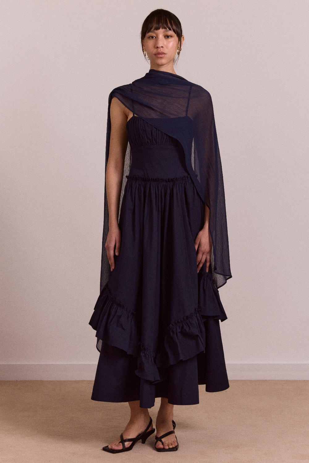 Juno Midi Dress With Sheer Scarf- Navy Damson Madder Juno Midi Dress With Sheer Scarf- Navy Damson Madder