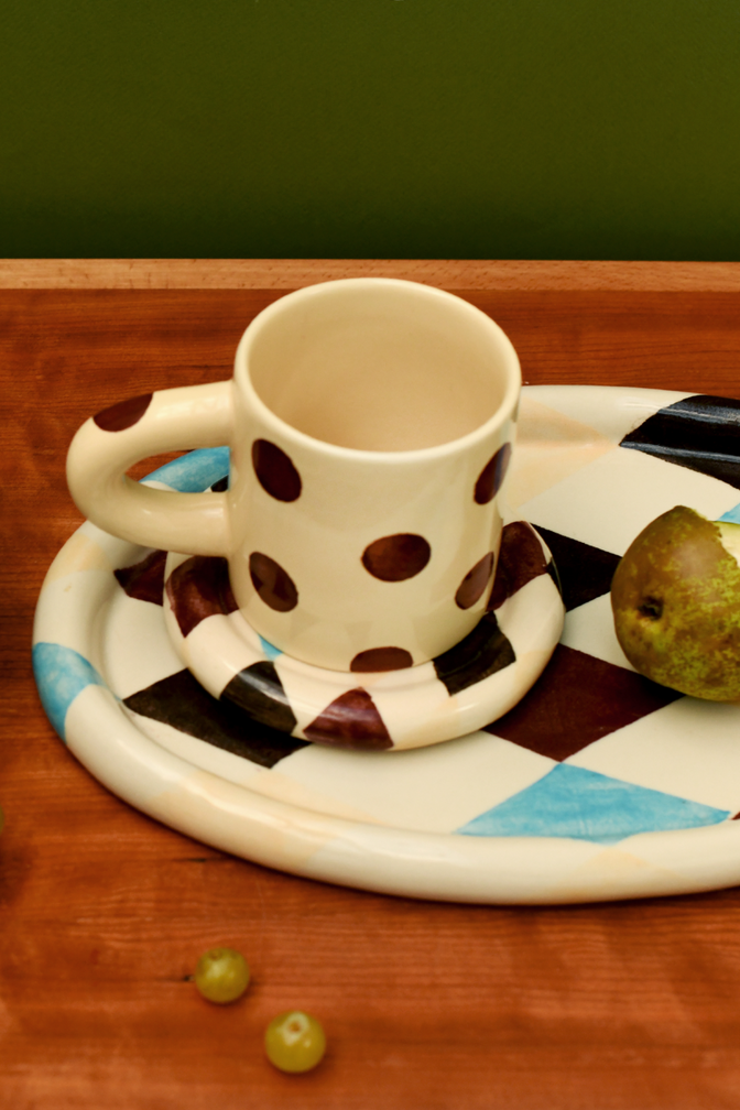 hand painted spot butter yellow burgundy mug