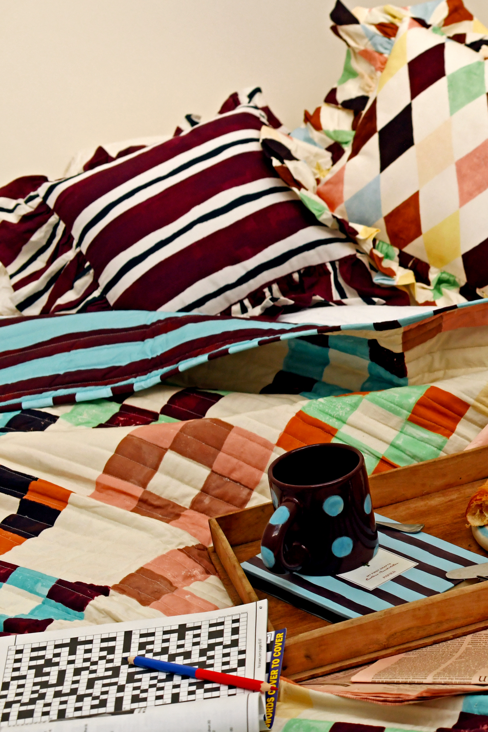 frilly cushion - burgundy stripe