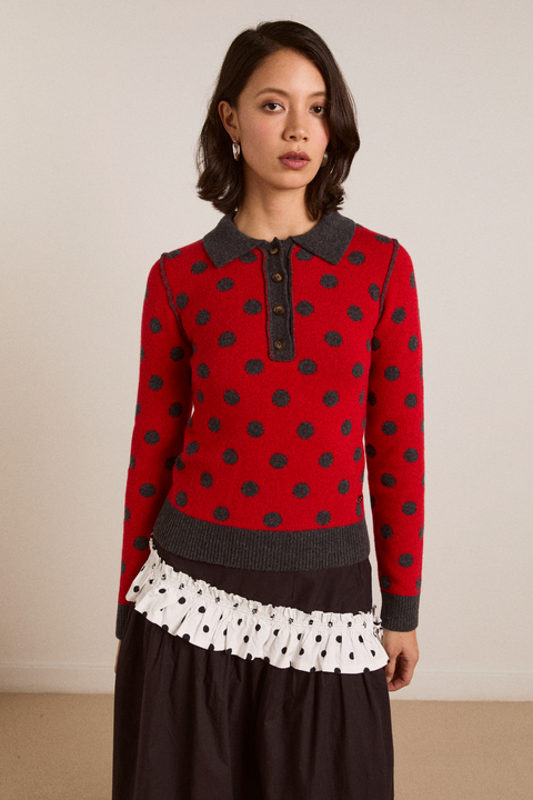 Lia Merino Wool Reversible Polo Jumper Red Grey Spot