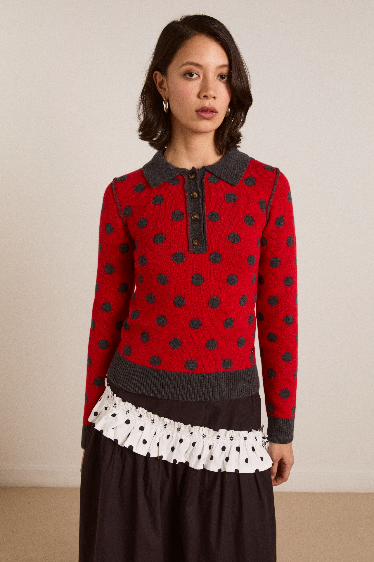 Lia Merino Wool Reversible Polo Jumper - Red/Grey Spot – Damson Madder