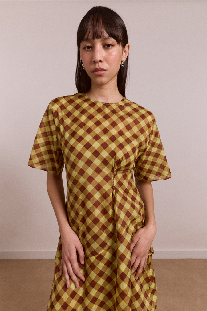harmony sheer midi dress - choc avo gingham