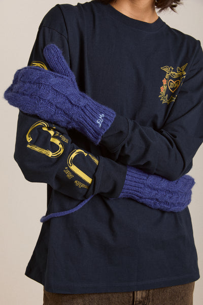 cable knit string mittens - cobalt blue