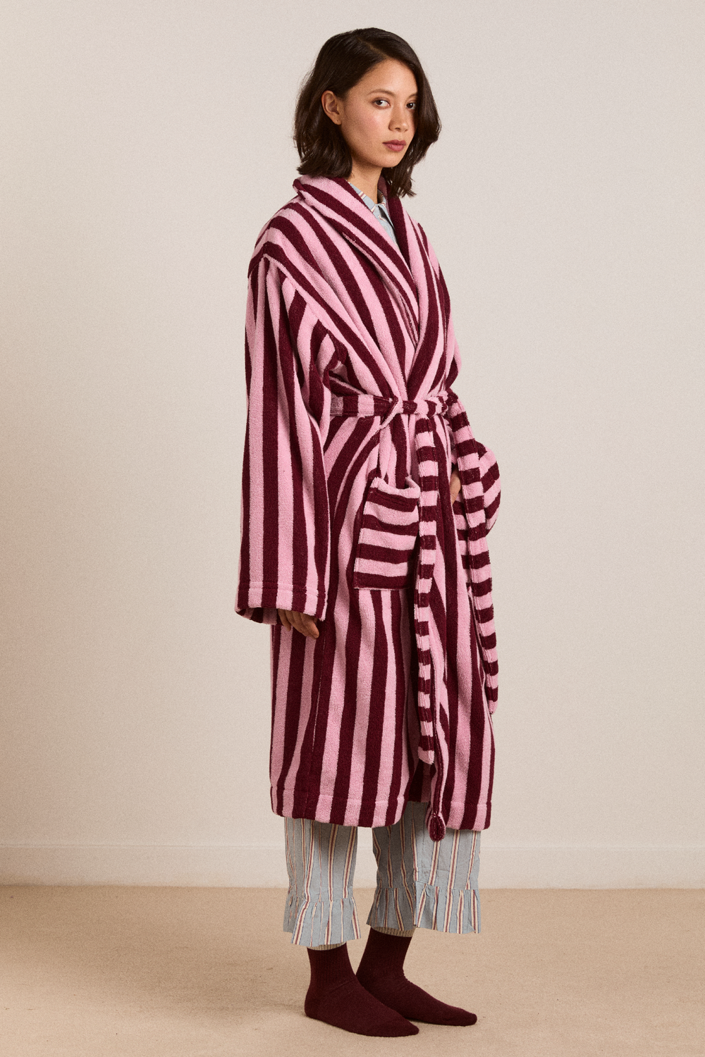 towelling robe - burgundy stripe