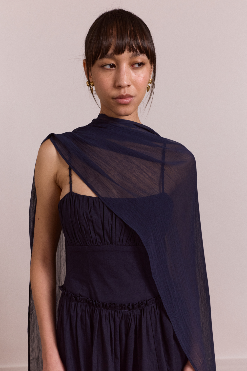 Juno Midi Dress With Sheer Scarf- Navy Damson Madder Juno Midi Dress With Sheer Scarf- Navy Damson Madder