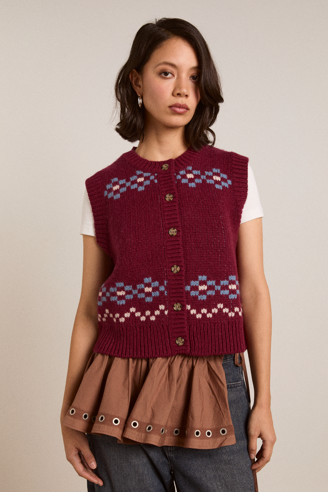 sofie wool vest - novelty intarsia – Damson Madder sofie wool vest - novelty intarsia – Damson Madder