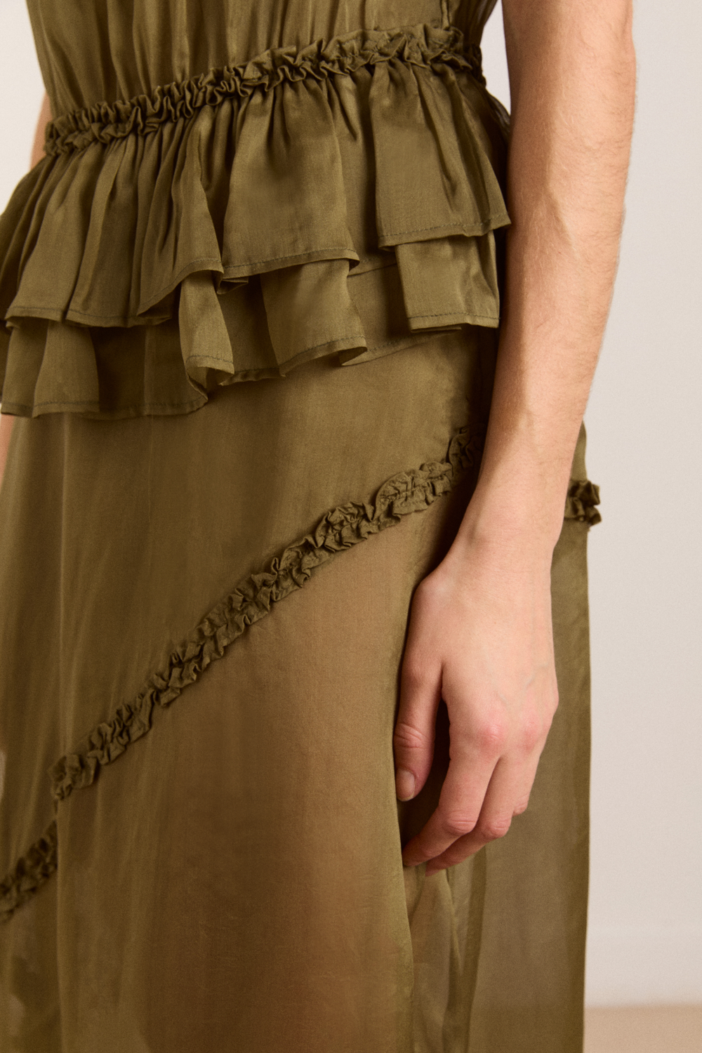 sasha ruffle slip dress with cami - sheer olive