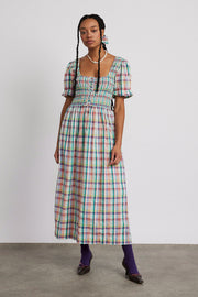 luna shirred midi dress - picnic check