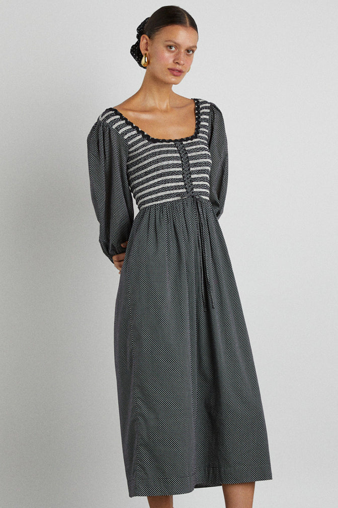 Hermione Shirred Midi Dress - Pin Dot