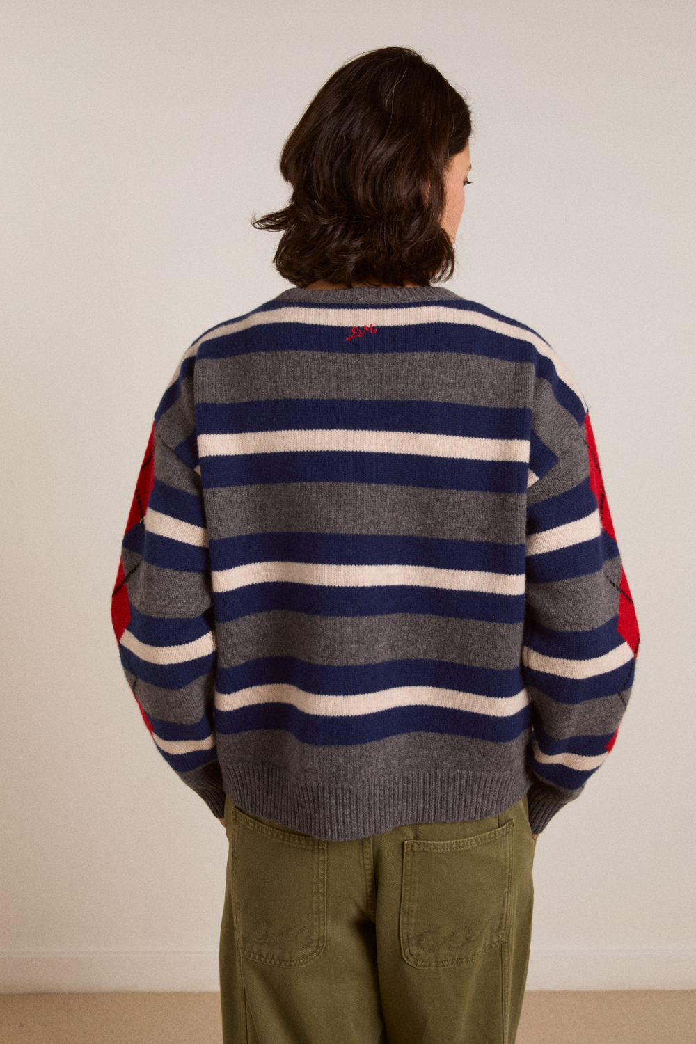 didi merino wool double cardigan - navy argyle & stripe