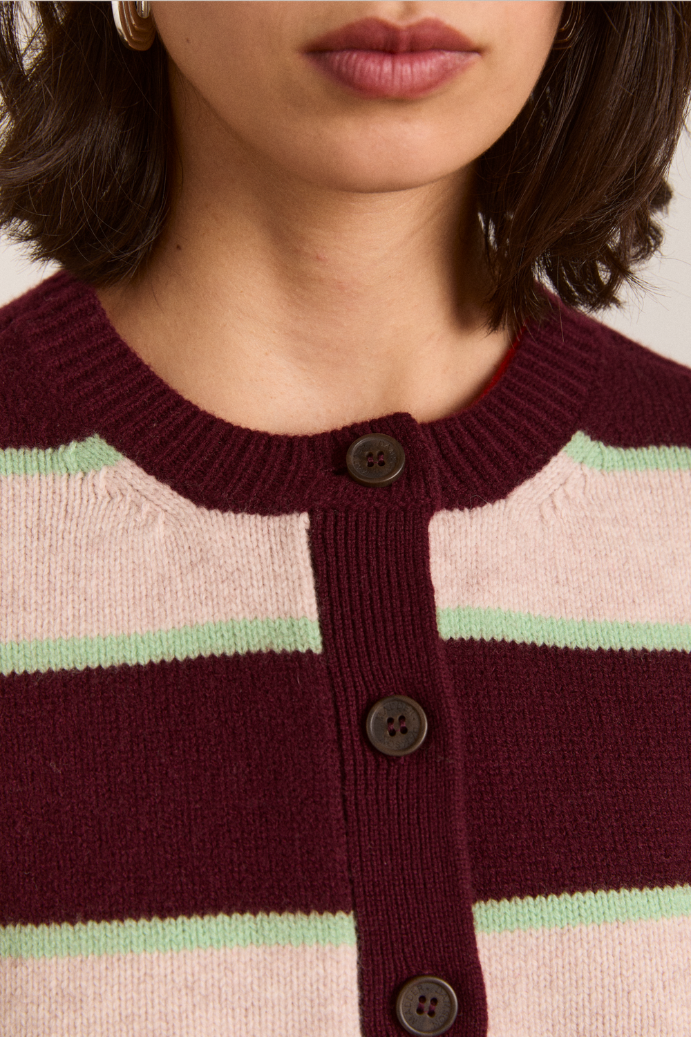 didi merino wool double cardigan - burg argyle & stripe