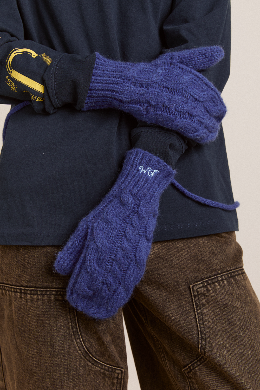 cable knit string mittens - cobalt blue