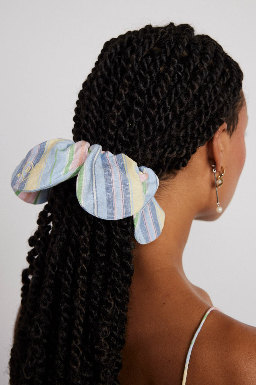 flower scrunchie in multi colour stripe