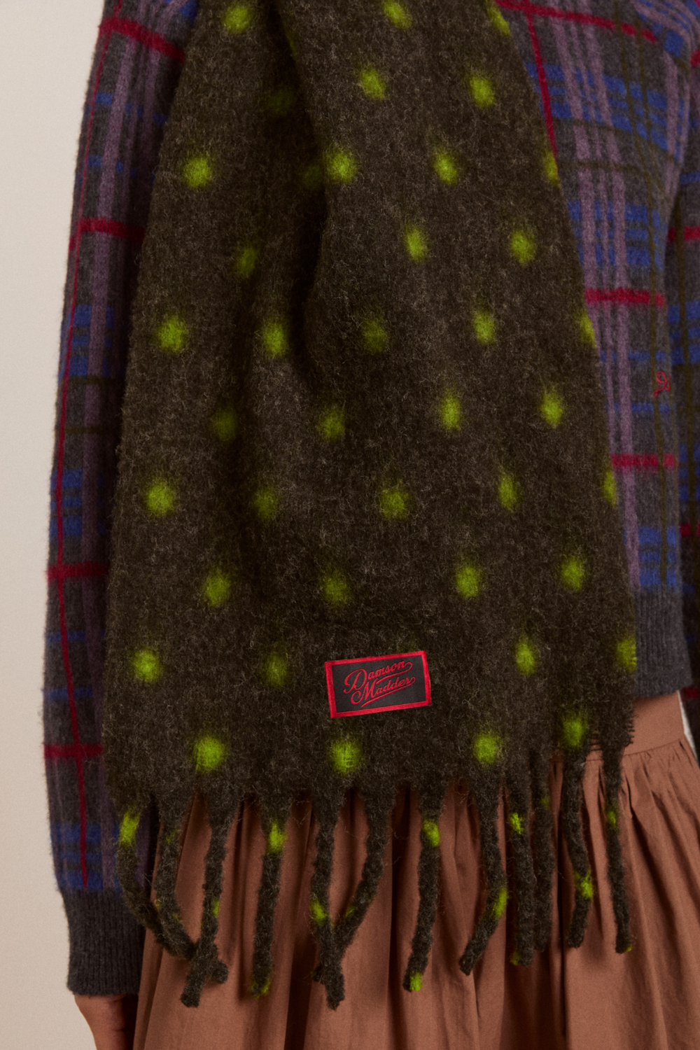 brushed oversized scarf in charcoal & lime spot
