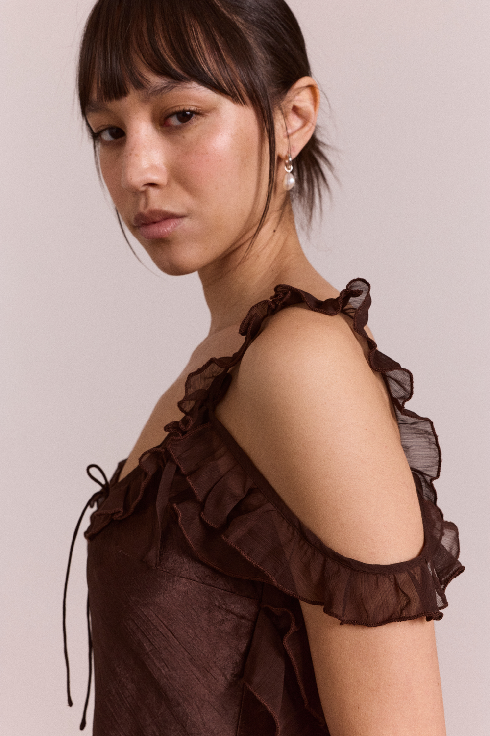 pre-order carmen midi ruffle dress with sheer top - choc