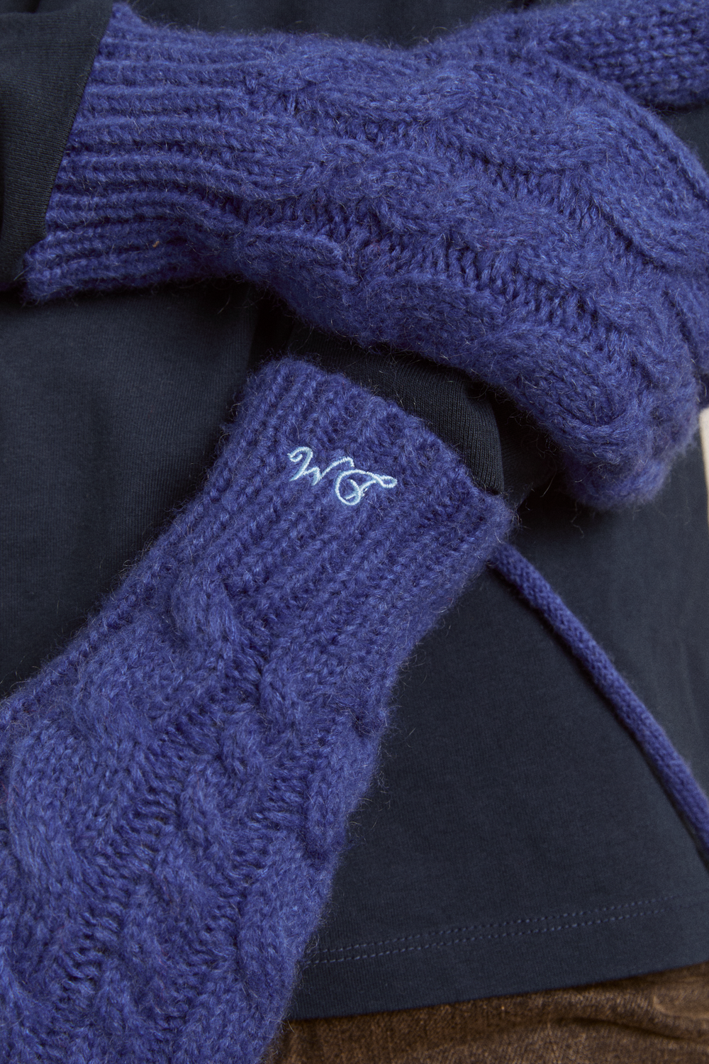 cable knit string mittens - cobalt blue