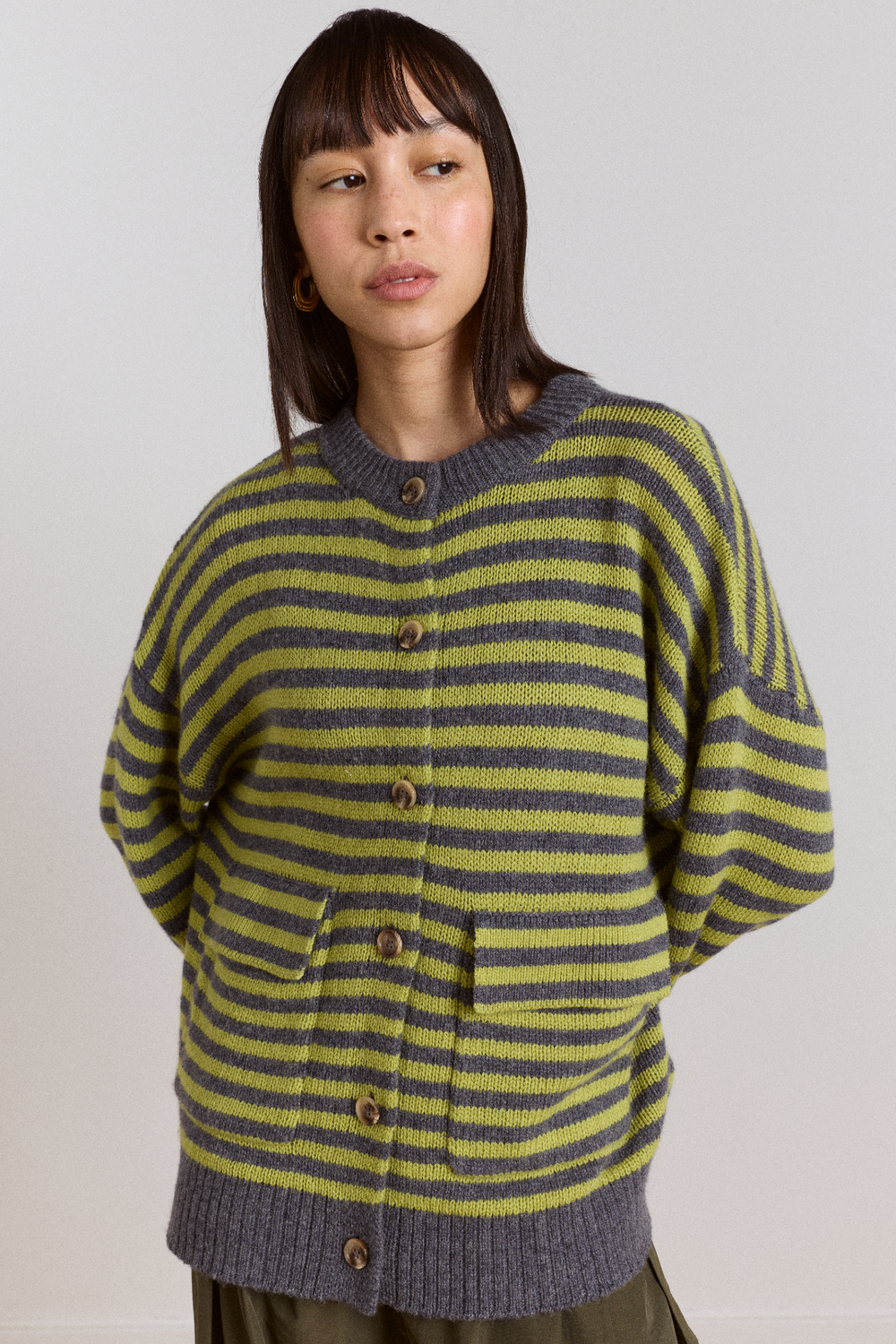 anouk cardigan with removable hood - olive/grey