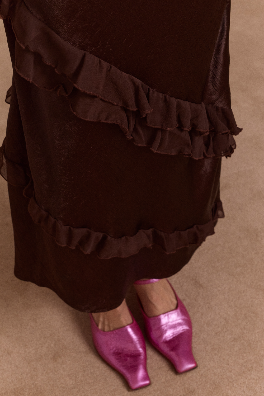 pre-order carmen midi ruffle dress with sheer top - choc