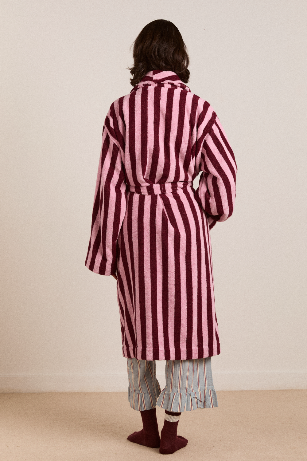 towelling robe - burgundy stripe