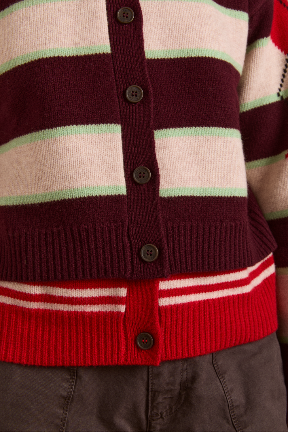 didi merino wool double cardigan - burg argyle & stripe