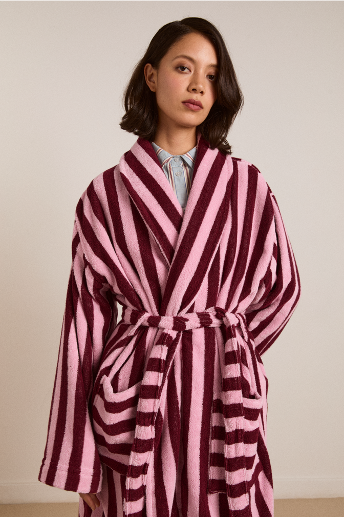 towelling robe - burgundy stripe