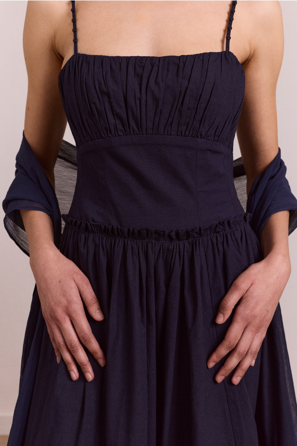 Juno Midi Dress With Sheer Scarf- Navy Damson Madder Juno Midi Dress With Sheer Scarf- Navy Damson Madder