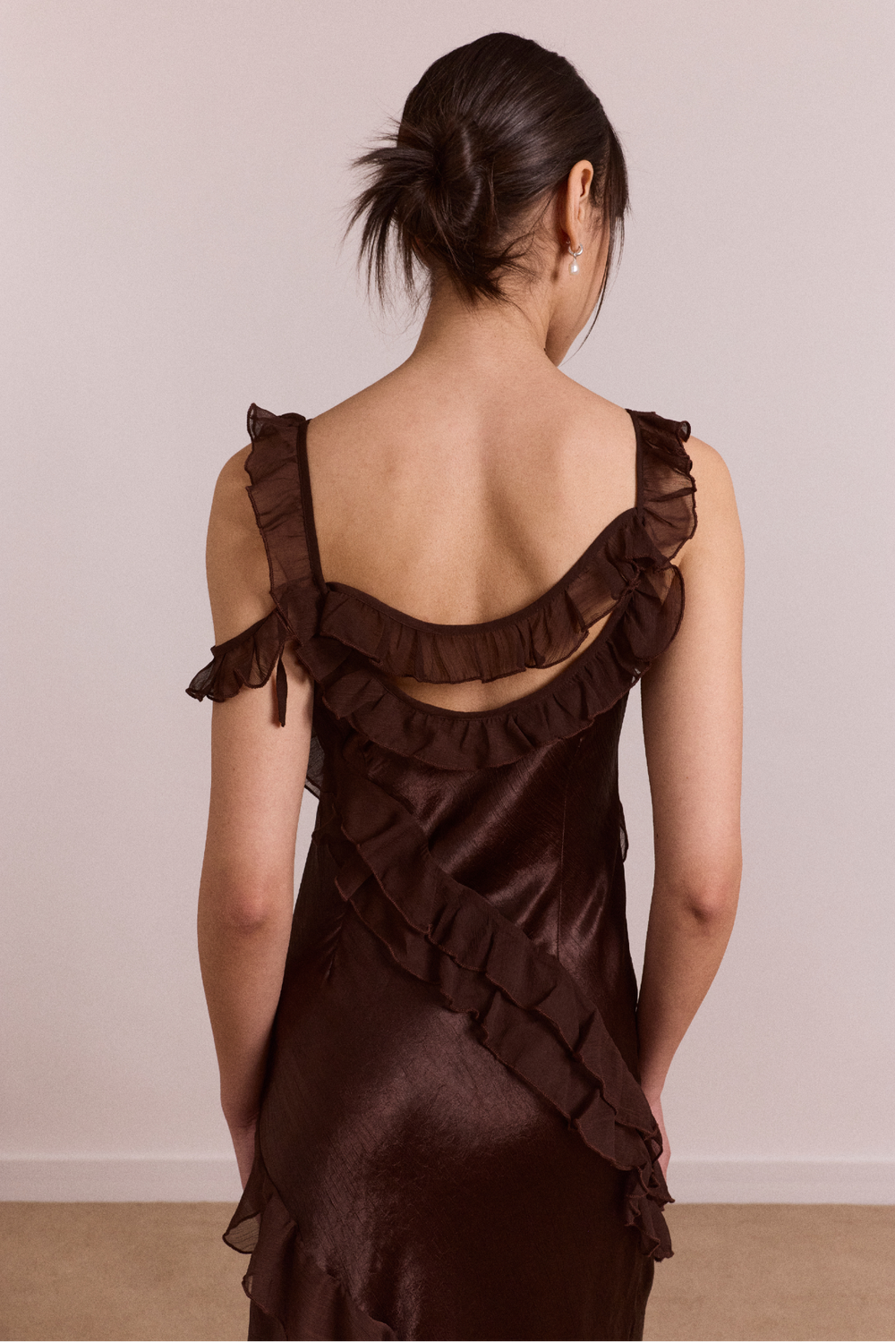 pre-order carmen midi ruffle dress with sheer top - choc