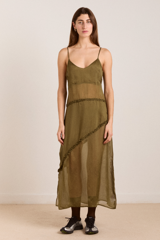 sasha ruffle slip dress with cami - sheer olive