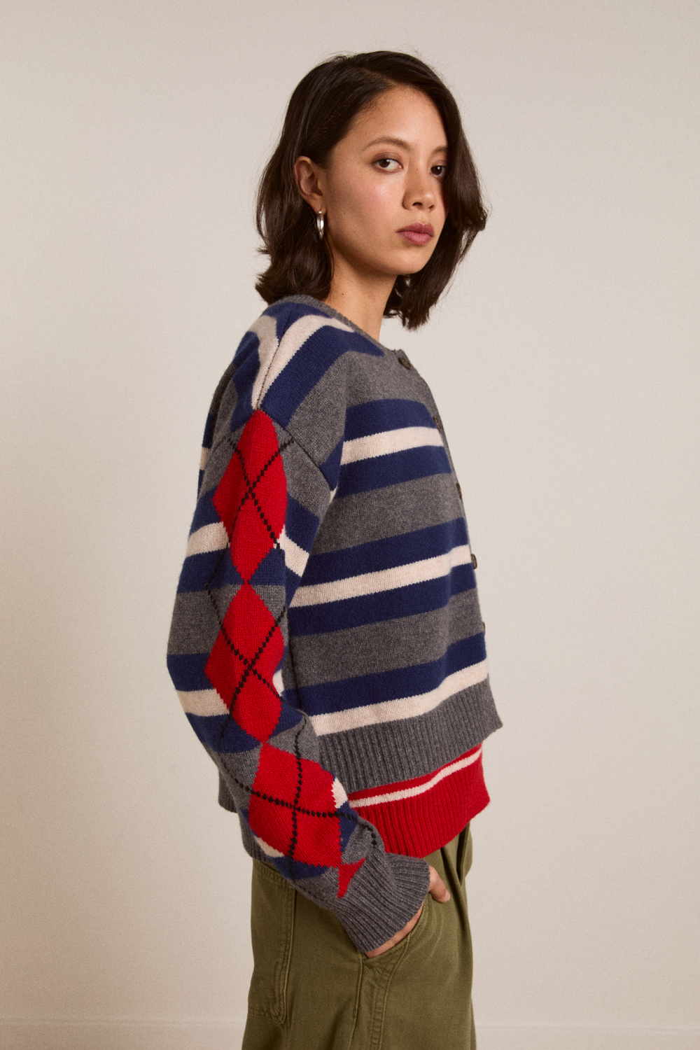 didi merino wool double cardigan - navy argyle & stripe