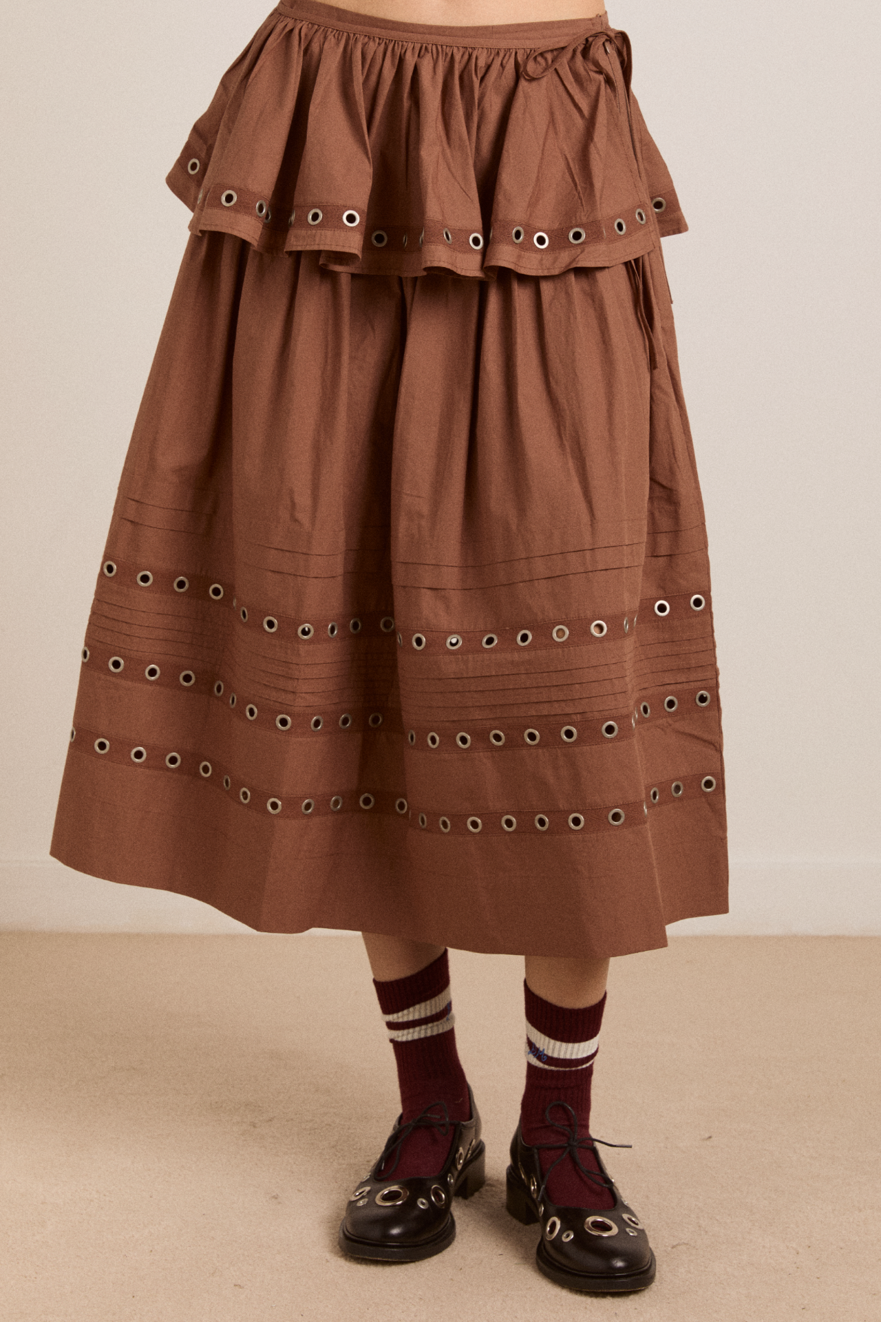 Anika Eyelet Skirt With Ruffle Belt- Tan – Damson Madder