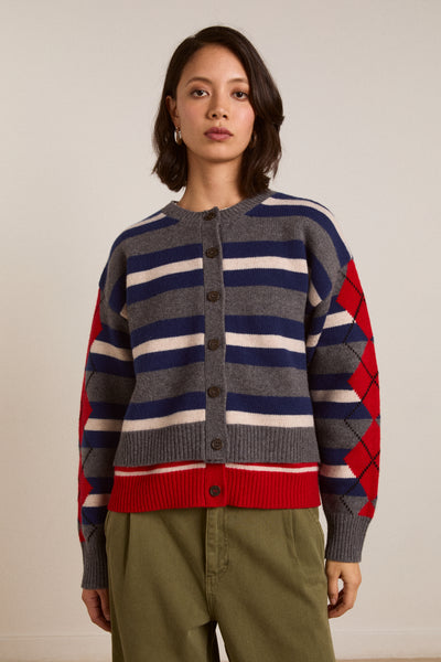didi merino wool double cardigan - navy argyle & stripe