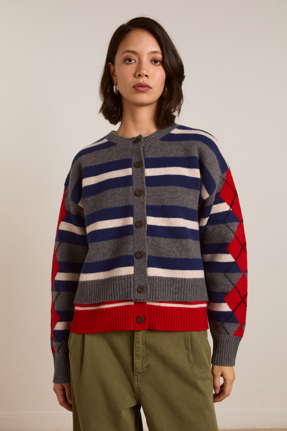 didi merino wool double cardigan - navy argyle & stripe