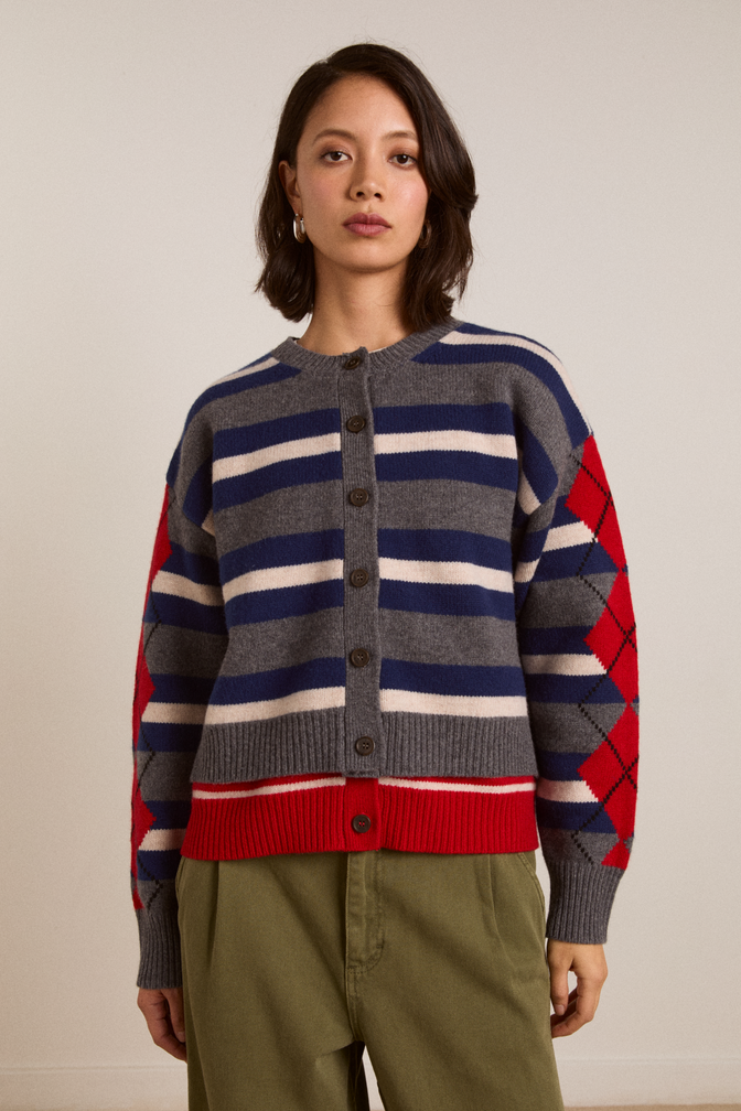 didi merino wool double cardigan - navy argyle & stripe