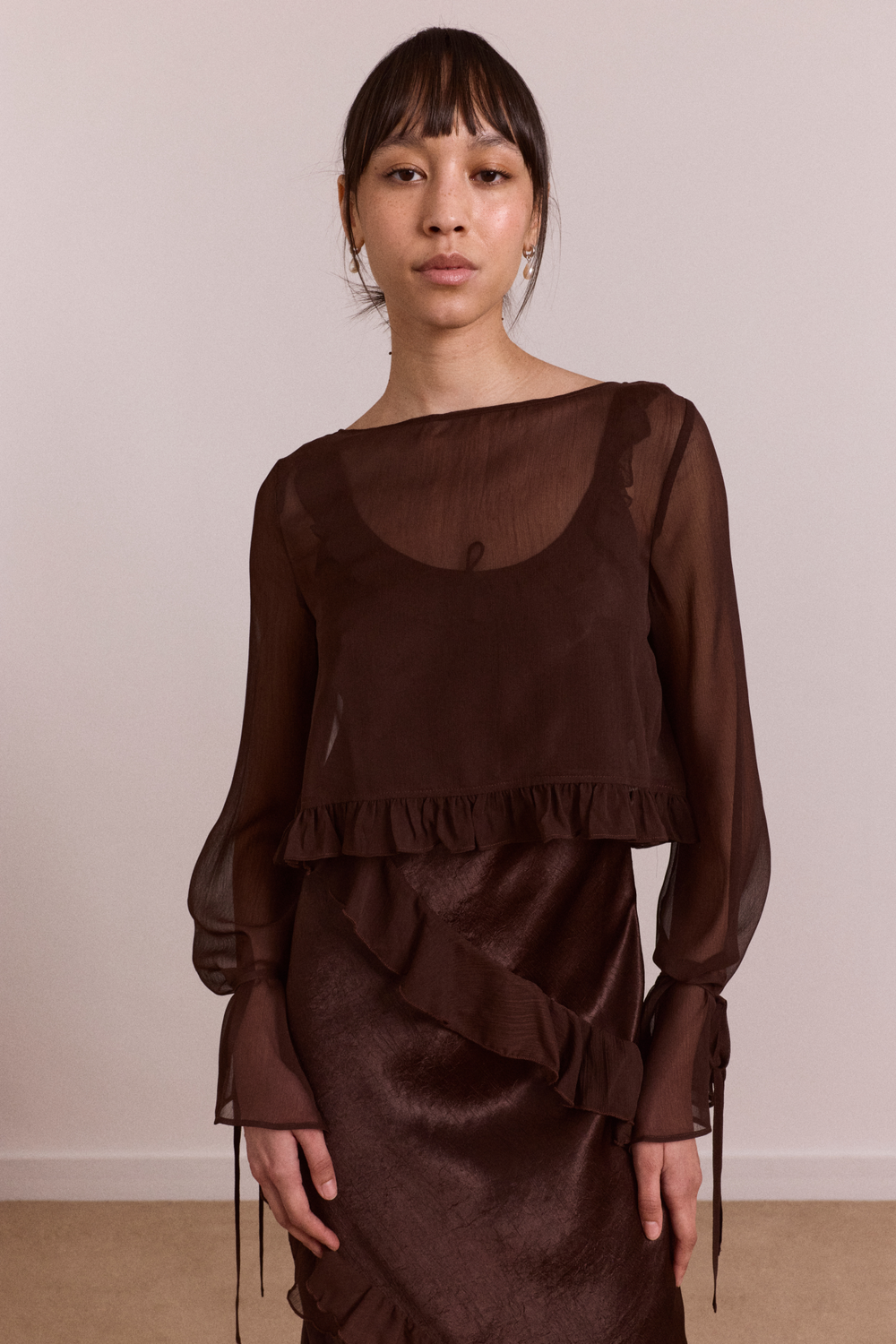 pre-order carmen midi ruffle dress with sheer top - choc