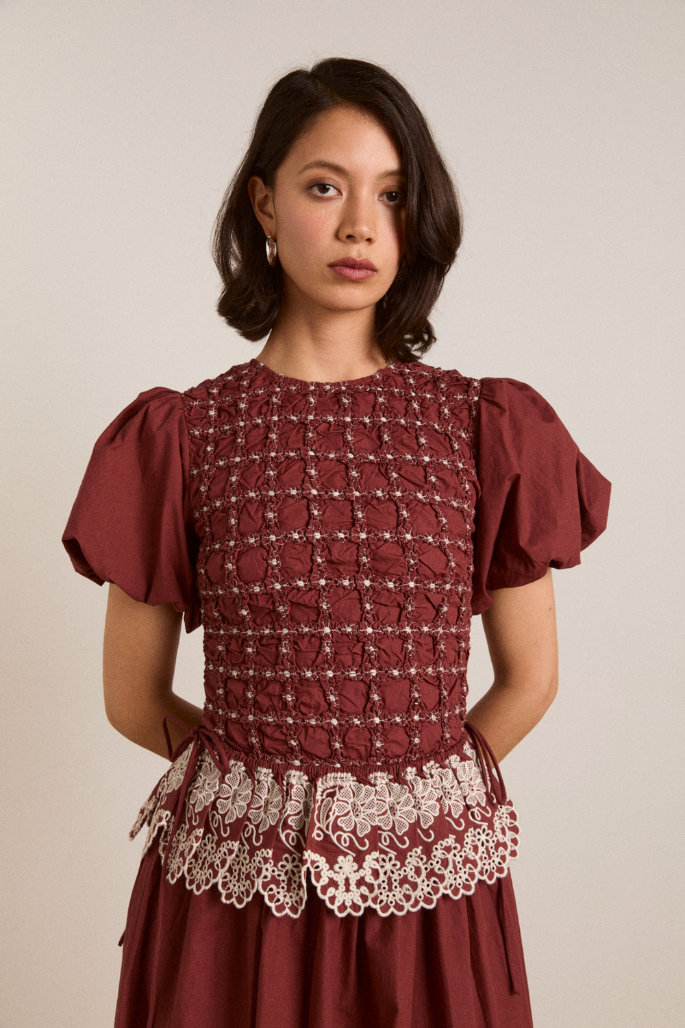 damson madder burgundy dress Damson Madder Raphaela Ruffle Midi Dress