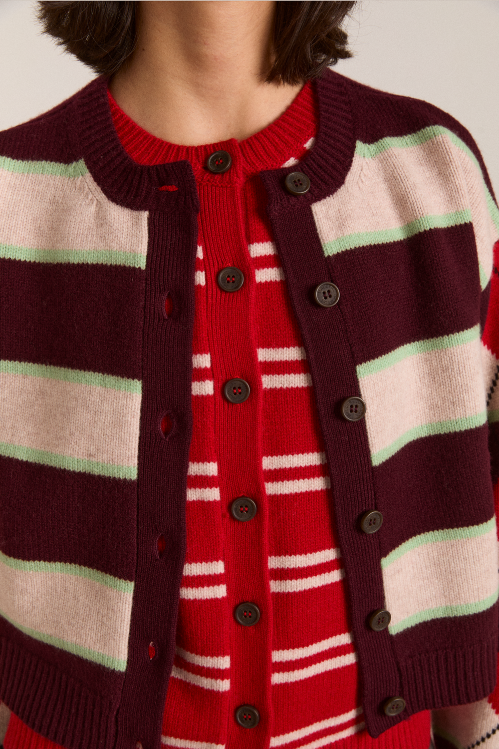 didi merino wool double cardigan - burg argyle & stripe