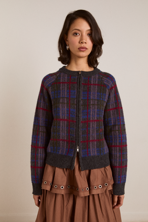Minah Merino Wool Cardigan Brushed Check