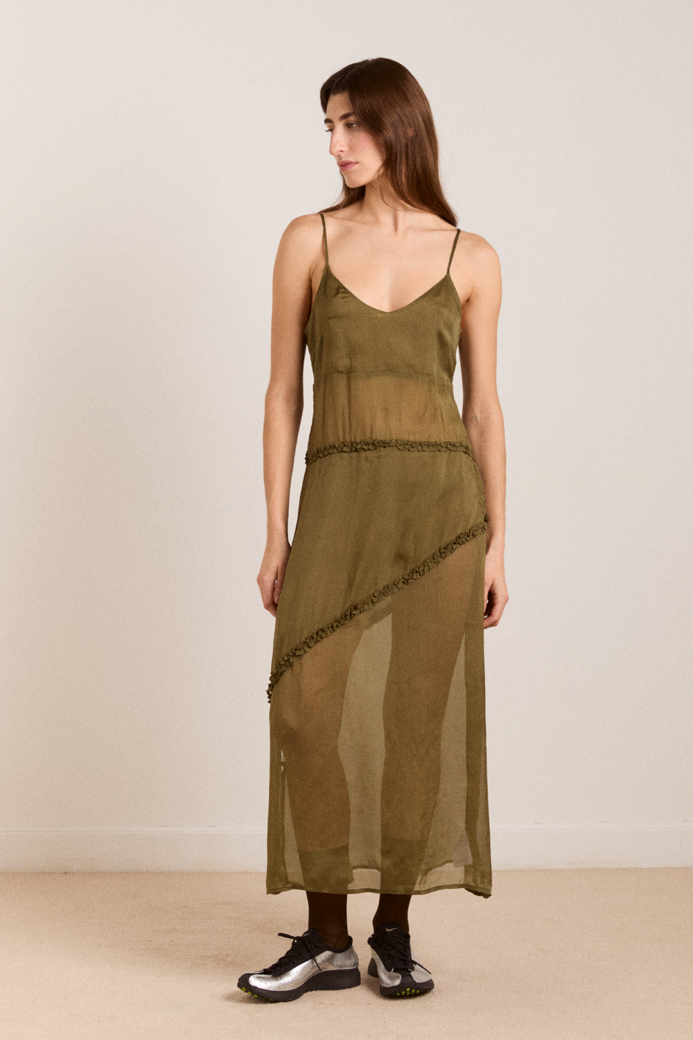 olive green cami dress ASOS DESIGN satin cami slip midi dress with picot trim neckline in olive green