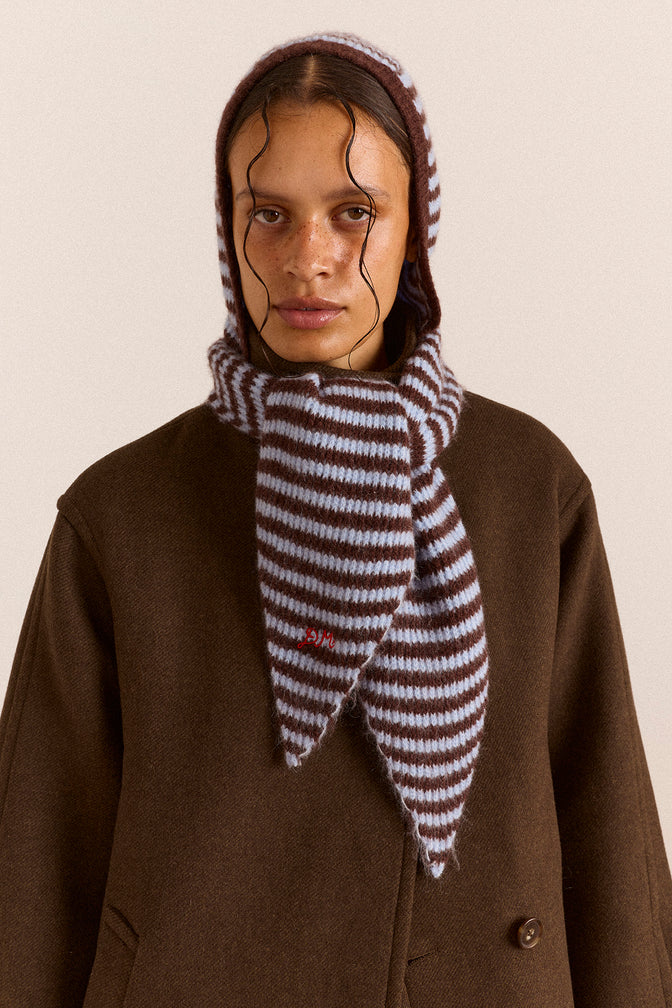 Tie Front Hood - Blue & Choc Stripe