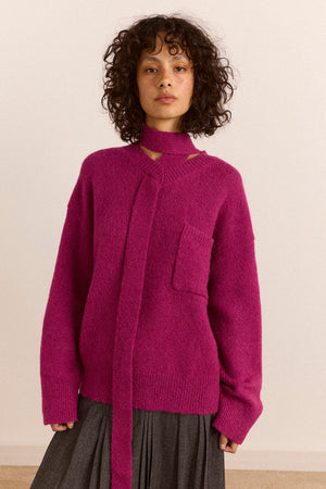 Alphia Neck Tie Alpaca Blend Jumper - Magenta