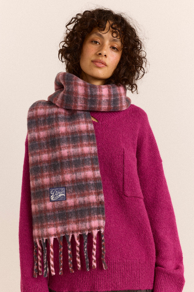 Brushed Fluffy Scarf - Magenta Check